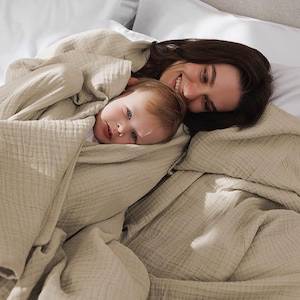 Manta de muselina acogedora, colcha de algodón beige para otoño, manta de sofá suave y ligera, colcha orgánica