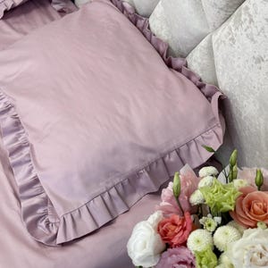 Bed set with ruffles - Ruffle edges sheet set, Queen or kind size bedding, Sateen bed sheets - Bedding set full, Housewarming gift