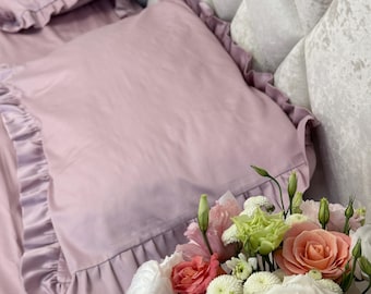 Dusty Rose Ruffle Bedding Set, Personalized Name Duvet Cover with Fitted Sheet, Mothers Day Gift for Mom or Grandma