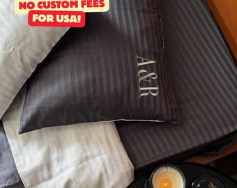 Personalized Gray Striped Bedding Set with Initials, Modern Housewarming Gift for Couple