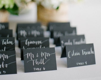 Wedding Black Name Place Cards, Escort Cards, Table Cards, Chalk board Place Cards with White Ink Custom Hand Wedding Calligraphy