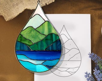 デジタルダウンロードパターンステンドグラス自然山風景PUN136、DIY