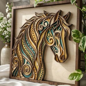 May include: A square wooden wall art piece featuring a multi-layered, laser-cut design of a horse head. The artwork uses shades of natural wood, yellow, and teal, with intricate swirling patterns and leaf-like motifs creating a 3D effect.