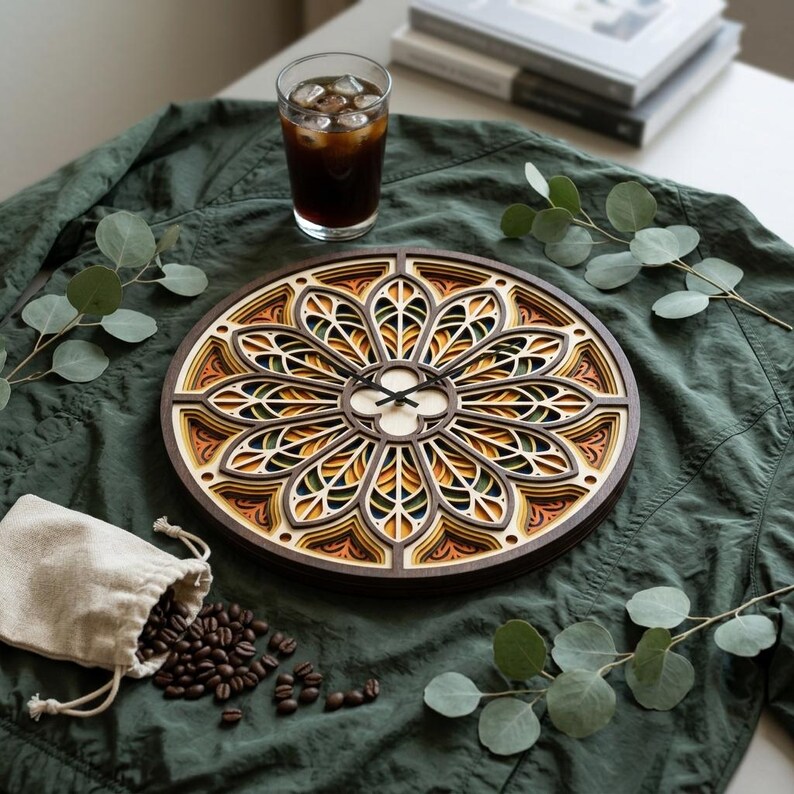 PS629 3D Layered Stained Glass Clock SVG, Gothic Rosette Wall Clock ...