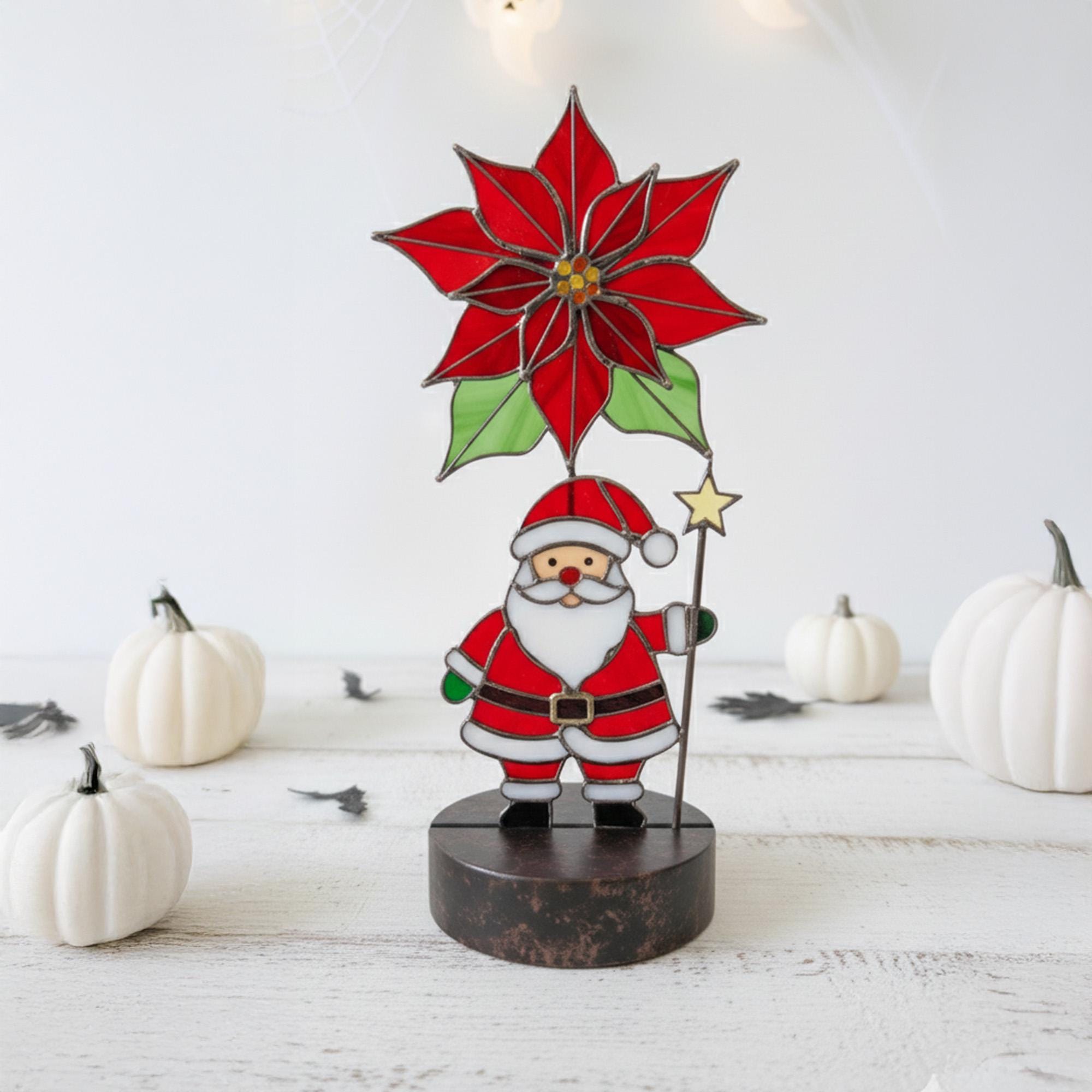 PSN56 Stained Glass Santa and Flower Pattern , Red Christmas