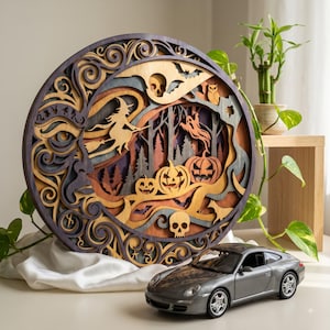 3D-lagers Halloween SVG, kuslig månhäxa laserskuren fil, flerskiktad träkonst, pumpa skogsmandala, Glowforge, digital nedladdning