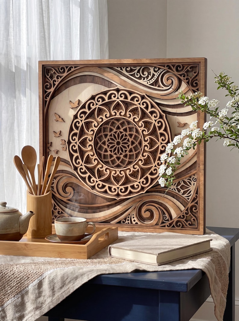 May include: A square, multi-layered wooden wall art piece featuring a central mandala design surrounded by swirling patterns and small bird silhouettes. The artwork uses contrasting light and dark wood tones to create depth and intricate detail.