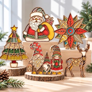 May include: A collection of layered wooden Christmas decorations featuring a Santa Claus, a star, a Christmas tree, a group of three gnomes, and a reindeer. Each piece displays intricate cutouts, vibrant red, green, and yellow paint, and natural wood edges.