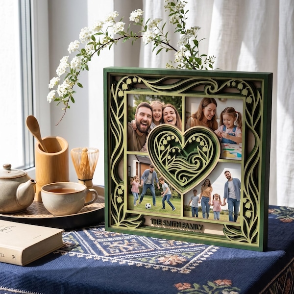 Custom Family Name Photo Frame SVG | Layered Family Photo Frame Laser Cut File | Personalized Wooden Photo Collage | Glowforge LightBurn CNC