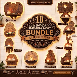May include: A digital display of 10 laser-cut wall shelf designs featuring wooden shapes like a winged eye, mystic deer, raven, rabbit, howling wolf, potion bottle, tree of life, dream catcher, crystal ball, and mushrooms with text.
