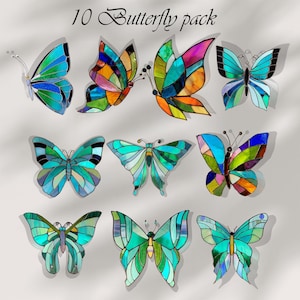 May include: A collection of ten colorful butterfly decorations. Each butterfly features a unique stained-glass design with vibrant hues of blue, green, orange, and purple. The text "10 Butterfly pack" is at the top.