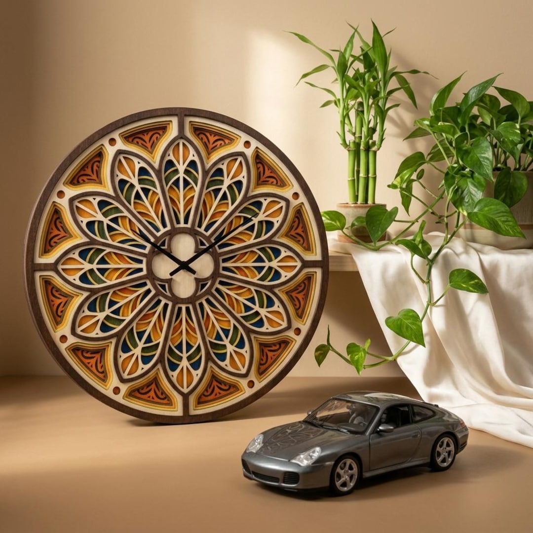PS629 3D Layered Stained Glass Clock SVG, Gothic Rosette Wall Clock ...