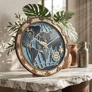 May include: A circular wall clock featuring a layered wooden world map design in shades of blue and natural wood. The clock face displays a detailed map with a compass rose, Roman numerals on the outer frame, and thin clock hands.