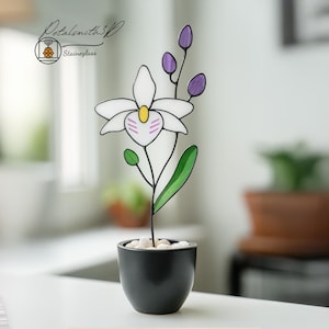 May include: A stained glass orchid in a black ceramic pot. The white flower has a yellow centre and pink accents. Purple buds and green leaves are also visible. The pot is filled with small white stones. The text "Petalsmith3D" and "Stainedglass" are in the upper left.