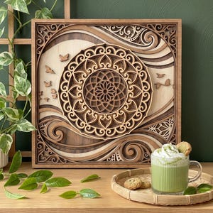 May include: A square wooden wall art piece featuring layered, laser-cut mandala patterns in light and dark wood tones. The design includes swirling wave motifs and small bird silhouettes. The artwork is framed in a natural wood border.