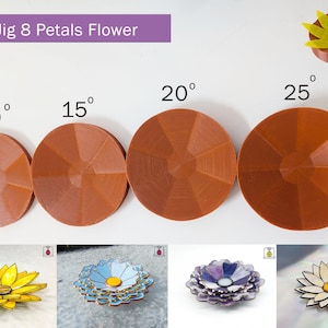 Puede incluir: Jig 8 Pétalos Flor, una flor impresa en 3D con 8 pétalos, mostrada en diferentes ángulos de 10 a 25 grados. La flor es naranja y tiene una superficie texturizada.