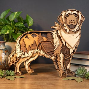 MDN28 3D Layered Golden Retriever SVG, Dog Camping Shadow Box Laser Cut File, Mountain Forest Pet Art, Adventure Decor, Digital Download