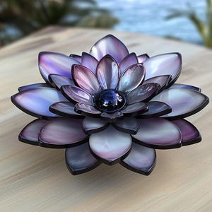 May include: A decorative flower sculpture with layered petals in shades of purple, lavender, and white, with a dark blue center. The petals have a pearlescent sheen, and the sculpture is set on a light-colored wooden surface.
