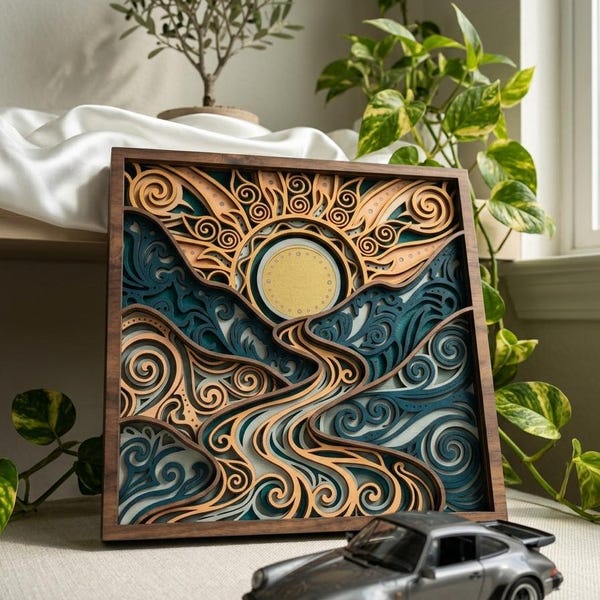 3D Layered Wood Art Sun and Ocean, Mystical Mountain Wave Laser Cut Shadow Box, Psychedelic Mandala Wall Decor