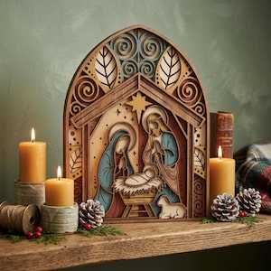 May include: A multi-layered wooden nativity scene featuring arched cutouts, scrollwork, and leaf motifs. The central figures include two adults and a swaddled infant in a manger under a star, flanked by two yellow pillar candles and pinecones.