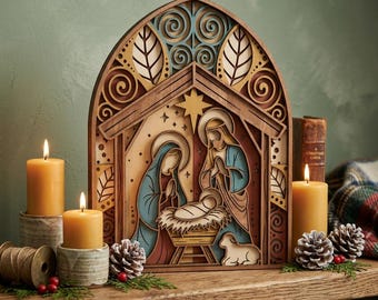 May include: A multi-layered wooden nativity scene featuring arched cutouts, scrollwork, and leaf motifs. The central figures include two adults and a swaddled infant in a manger under a star, flanked by two yellow pillar candles and pinecones.