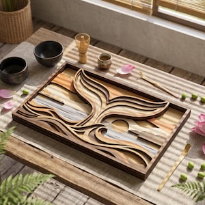 May include: A rectangular wooden wall art piece featuring a layered, three-dimensional cutout of a whale tail rising from stylized waves. The design incorporates natural wood tones in varying shades of brown, tan, and cream, set within a dark frame.