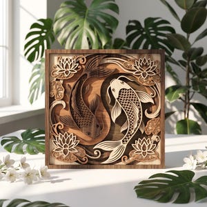 May include: A square wooden wall art piece featuring a layered, laser-cut design of two koi fish swimming in a circular pattern. The artwork includes intricate cutouts of lotus flowers and lily pads, with contrasting light and dark wood tones.