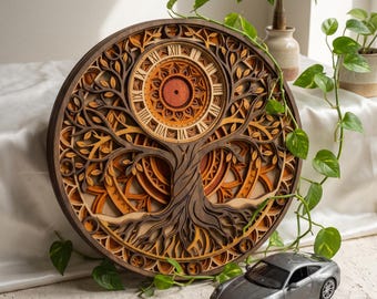 May include: A circular, multi-layered wooden wall clock featuring a laser-cut tree design with intricate roots and branches. The clock face displays Roman numerals in a warm, gradient color palette of brown, orange, and yellow tones.