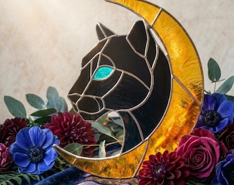 PP01 Suncatcher Panther and Moon Stained glass Black Cat Witchy Home Decor, Witchy Gift for Cat Lovers Digital Download PDF