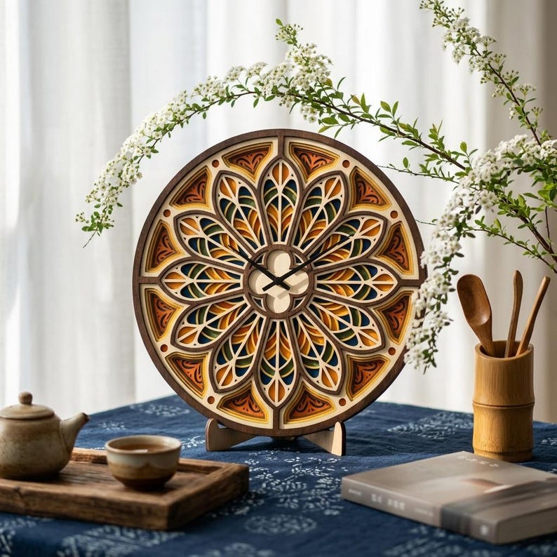PS629 3D Layered Stained Glass Clock SVG, Gothic Rosette Wall Clock ...