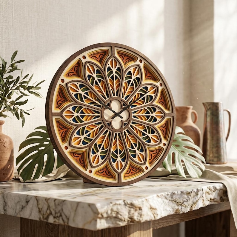PS629 3D Layered Stained Glass Clock SVG, Gothic Rosette Wall Clock ...