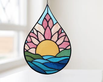 Digital Teardrop Stained Glass Pattern FLower Sunset,  Lotus Memorial Suncatcher Digital Design Template Sunset digital Landscape Pattern