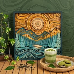 Puede incluir: Una pieza de arte mural de madera multicapa con un paisaje de sol dorado, montañas azules y un bosque de pinos verde azulado sobre un río. Un vaso de matcha latte y un plato con galletas se encuentran sobre una bandeja de madera.