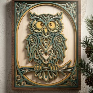 May include: A multi-layered wooden wall art piece featuring a detailed owl perched on a branch. The design uses teal, yellow, and natural wood tones within a dark brown rectangular frame, showcasing intricate cut-out patterns and depth.
