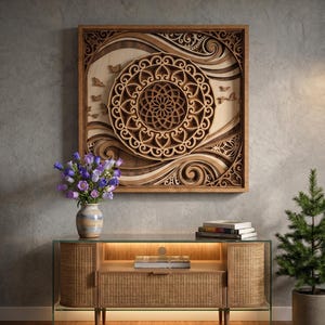 May include: A square wooden wall art piece featuring a layered mandala design with intricate cutouts, swirling patterns, and small bird silhouettes. The artwork is crafted from light and dark wood tones, creating a dimensional effect.