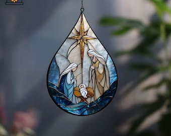 Digital Teardrop PST20  Stained Glass Jesus Nativity Scene Pattern, Sunset stream Suncatcher Digital Design Template  digital Pattern