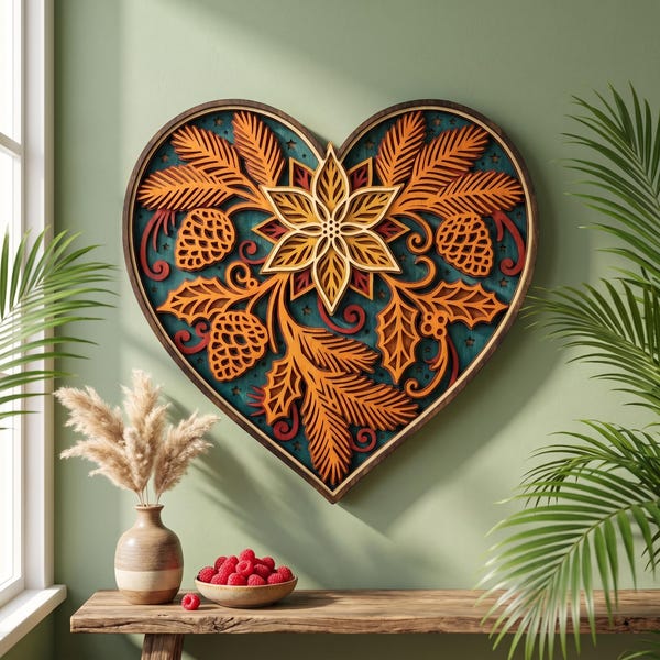Engraved Poinsettia Heart Decor, Laser Cut Christmas Flower Art, Holly Pine Wood Sign, Holiday Heart Ornament, Xmas Decor, Wall Hanging