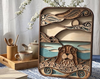 Layered Sea Otter Wall Art, Laser Cut Wooden Otter Decor, Coastal Ocean Wall Hanging, Nautical Room Decor, Marine Life Wood Art, Animal Gift