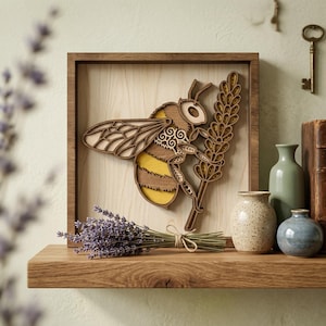 PS231 Decorazione murale in legno stratificato con ape e lavanda / Ape 3D tagliata al laser / Regalo per giardiniere
