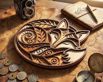 Könnte beinhalten: Ein kreisförmiges, mehrschichtiges Wandkunstobjekt aus Holz mit einem stilisierten Fuchsmotiv, das komplexe Ausschnitte, Wirbel und Blattmotive in verschiedenen Brauntönen zeigt, platziert auf einer alten Landkarte mit Münzen, einer Kamera und einem Kompass.