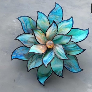 May include: A decorative flower sculpture with layered petals in shades of blue, teal, and a touch of orange. The petals have a marbled effect and are outlined in black. A golden orb sits at the center of the flower.