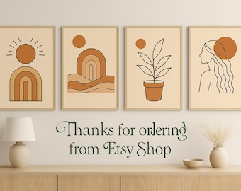May include: Four framed art prints with minimalist designs in warm tones. The prints feature a sun, arches, waves, a potted plant, and a woman's silhouette. The text "Thanks for ordering from Etsy Shop" is below the prints.