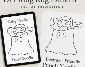 Mönster för Halloween-muggmatta | Nybörjarvänlig mall för digital nedladdning | Punch Needle-underlägg för stuga, hantverk i PDF-format