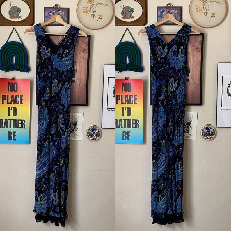 Vintage VTG 1990\u2019s 90s Black Blue Floral Paisley V-Neck Slinky Midi Length Gown Dress Boho Hippie Rayon Fits 46