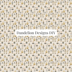 May include: A repeating pattern featuring nutcrackers, Christmas trees, and ballerinas in gold, gray, and black on a cream background. The text "Dandelion Designs DIY" is displayed in a white rectangle.