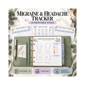 Può includere: Un set per il monitoraggio di emicrania e mal di testa con 10 pagine stampabili, inclusi registro giornaliero, tracciatore di trigger e mappa del dolore. Include un raccoglitore verde salvia con anelli dorati e decorazioni floreali.