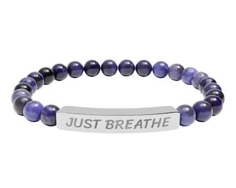 Just Breathe Natural Stone Stretch Bar Bracelet, Engraved Motivational Jewelry