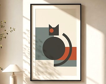Bauhaus Cat Print, Mid Century Modern Wall Art,  Printable Digital Download