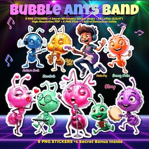 Puede incluir: Un gráfico vibrante de la "Bubble Ants Band" con personajes de hormigas de dibujos animados tocando instrumentos musicales. La imagen incluye el nombre de la banda, detalles de las pegatinas y nombres de hormigas individuales como "Antaro Rock" y "Pinko Pop".