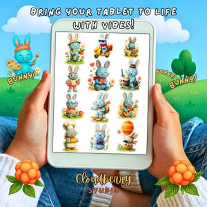 Spring Bunny Vibes, 3D Digital Bunny Stickers, Cute Blue Bunny Clipart, PNG, for Kids Planners, Easter, Fun,  Instant Download